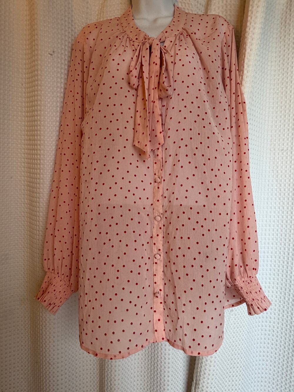 Torrid Size 2 18 Pink Red Polka Dot Chiffon Bow Tie Blouse Plus